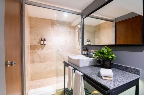 uma casa de banho com um lavatório e um chuveiro em HOTEL LUCA em Cidade do México