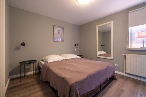 a bedroom with a large bed and a mirror at Fietje in Südstrand