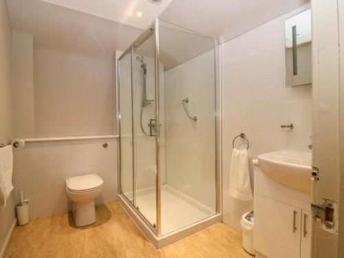 a bathroom with a shower and a toilet and a sink at North Stables - House Of Dun in Montrose