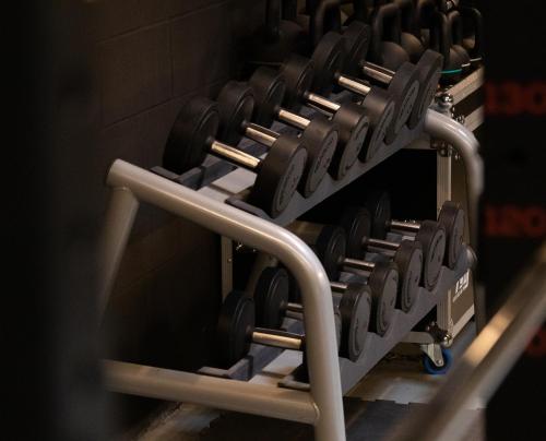 a rack full of dumbbells in a gym at Master Hotel Reggio Emilia in Reggio Emilia