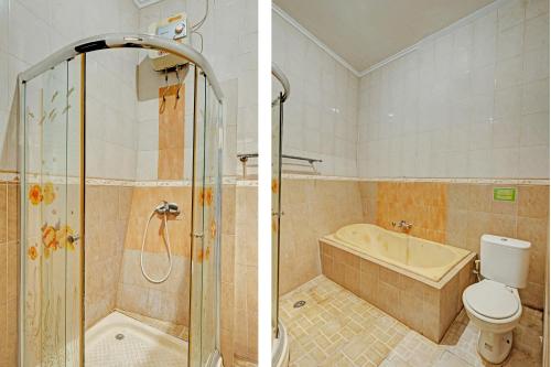 two pictures of a bathroom with a shower and a toilet at OYO 91522 Candi Gebang Guesthouse in Seturan