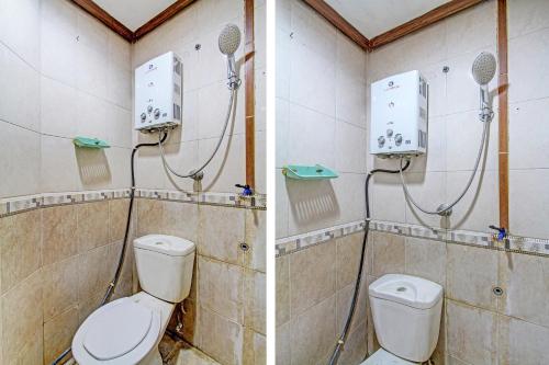 two images of a bathroom with a toilet and a shower at OYO 91525 Hotel Bugisan in Ngabean