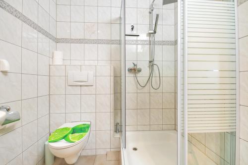 y baño con ducha, aseo y lavamanos. en Ferienwohnung Storchennest en Bad Liebenstein