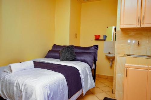 Dormitorio pequeño con cama y lavamanos en Attic Place South B en Nairobi