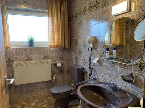 uma casa de banho com um lavatório, um WC e um espelho. em Haus Berndorf em Berndorf