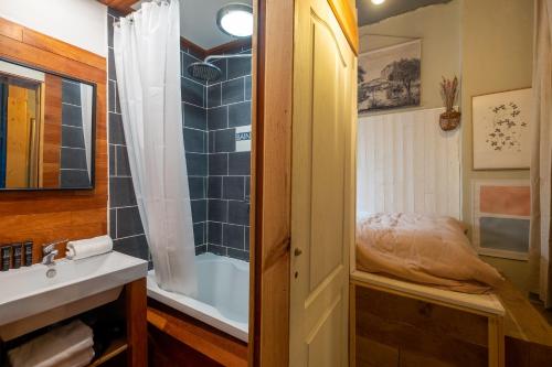 uma casa de banho com um chuveiro e um lavatório. em HONORÊ SUITE SAINT NIZIER em Lyon