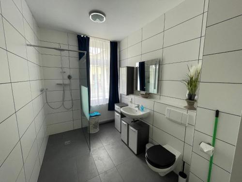 uma casa de banho com um lavatório, um WC e um espelho. em Ferienhaus Pank em Heringsdorf