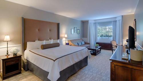 una camera d'albergo con un grande letto e una TV di Garden City Hotel a Garden City