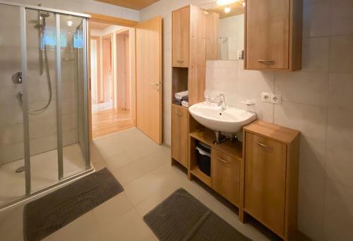 uma casa de banho com um lavatório e um chuveiro em Haus Helga em Schoppernau