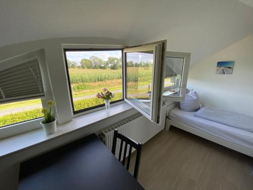 Kleines Zimmer mit zwei Fenstern, einem Bett und einem Tisch in der Unterkunft Etzel-Lodge Feldblick in Friedeburg