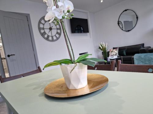 a plant in a white vase sitting on a table at Remarkable 3-Bed Apartment in London in London