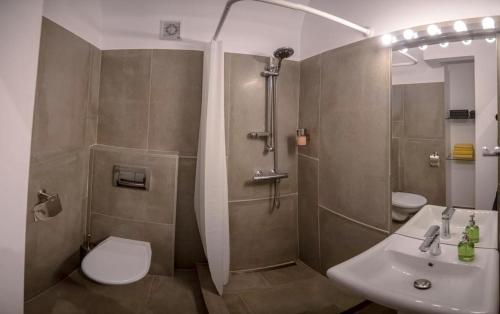 y baño con aseo, lavabo y ducha. en Art & Cozy Apartments, en Timisoara