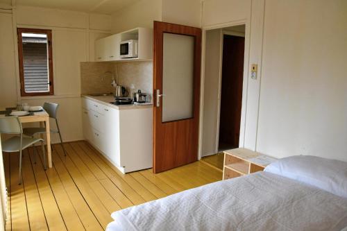 Žlutice的住宿－Autokemp Žlutice，一间卧室配有一张床铺和一张桌子,还设有一间厨房