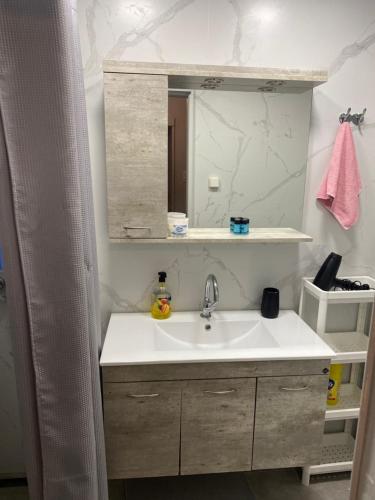 a bathroom with a sink and a mirror at Aris Apartment in Athens