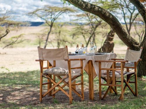 a table with chairs and a giraffe in the background at Kandili Camp in Musiara Campsite