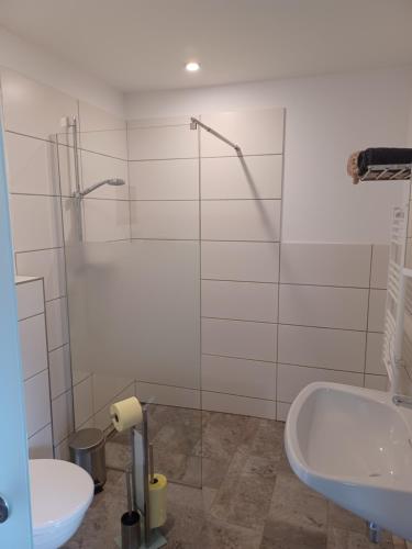 W łazience znajduje się prysznic, toaleta i umywalka. w obiekcie B&B Margit's Ranch Urlaub am Pferdehof w mieście Silz