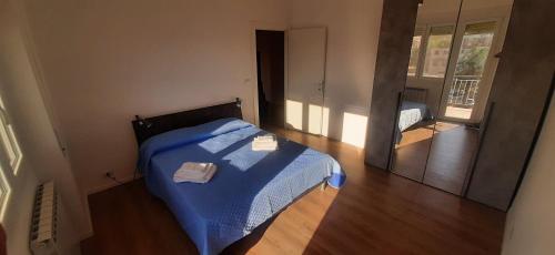 a bedroom with a bed with blue sheets and a mirror at Casa Felix Ostia in Lido di Ostia