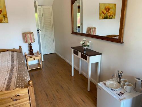 a bedroom with a sink and a mirror on the wall at Gościniec Zośka in Ostrzyce