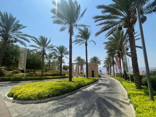 a road with palm trees in a resort at Al Raha Village - Aqaba in Aqaba