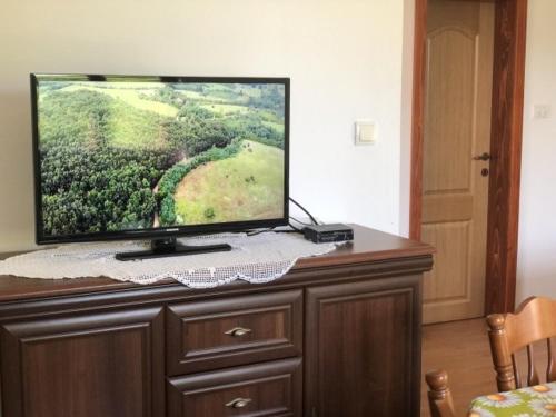 a flat screen tv sitting on top of a wooden dresser at Vikendica Drina Hill Loznica in Loznica