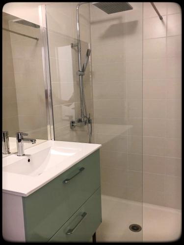 une salle de bain avec un lavabo et une douche dans l'établissement Chez Camille, à Vérines