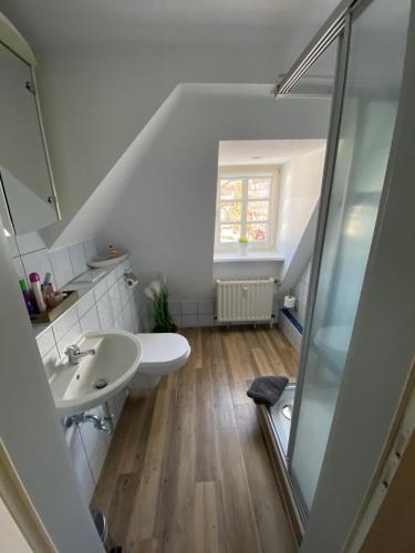 een badkamer met een wastafel en een glazen douche bij Altstadt Pension Herborn in Herborn
