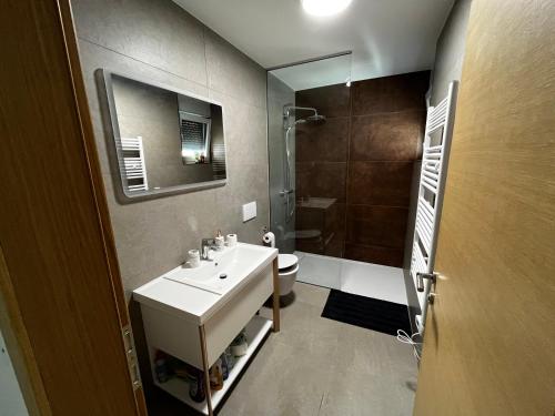 ein Badezimmer mit einem Waschbecken, einem WC und einem Spiegel in der Unterkunft Merlo APP in Labin