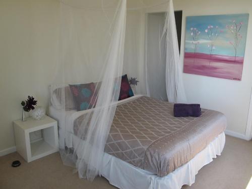 a bedroom with a bed with a mosquito net at Bonza View in Kalorama