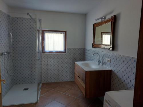 ein Bad mit einer Dusche, einem Waschbecken und einem Spiegel in der Unterkunft Haus Erni in Bad Aussee