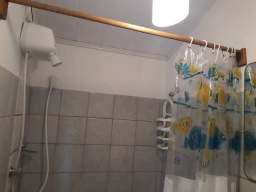 y baño con ducha y cortina de ducha. en Casa das Falésias Cumuruxatiba en Cumuruxatiba