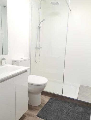 La salle de bains blanche est pourvue d'une douche et de toilettes. dans l'établissement Gîte 5 personnes Dompierre sur Besbre, à Dompierre-sur-Besbre