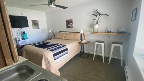 ein kleines Schlafzimmer mit einem Bett und einem Waschbecken in der Unterkunft The Summit Inn in Cloudcroft
