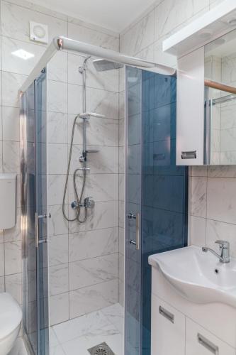 a bathroom with a shower and a sink and a toilet at Apartmani ZAT in Soko Banja