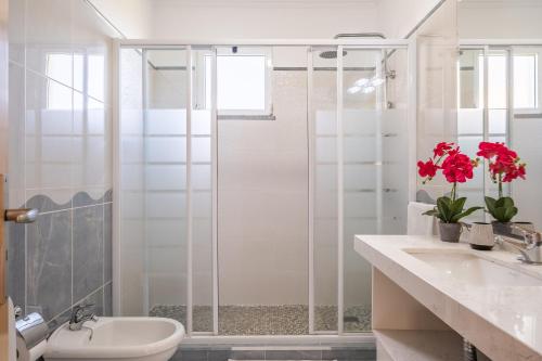 a bathroom with a shower and a toilet and a sink at Casa Flor do Campo in Calheta