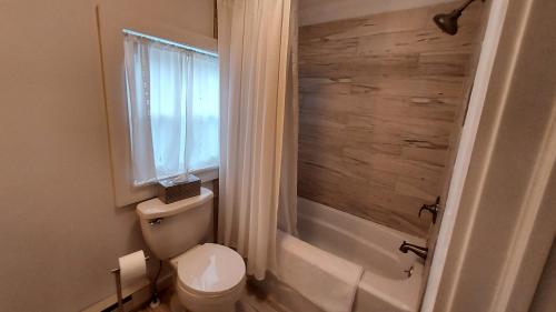 路易斯堡的住宿－Lewisburg duplex，一间带卫生间和浴缸的浴室以及窗户。
