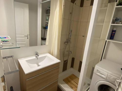 y baño con lavabo y lavadora. en Appartement Formiguères, 2 pièces, 4 personnes - FR-1-295-140, en Formiguères