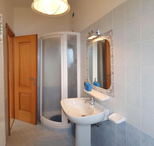 een badkamer met een wastafel, een douche en een spiegel bij Villetta Cece Bella vista sul Garda By Garda Domus Mea in Tremosine Sul Garda