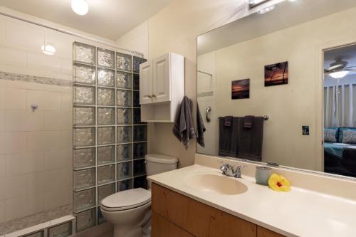 ワイコロアにあるGround Floor 2 Bedroom 2 Bath Condo In Waikoloaのバスルーム(洗面台、トイレ、鏡付)