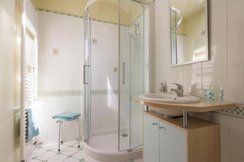 y baño con ducha acristalada y lavamanos. en Logis de l'Orme, en La Rochepot