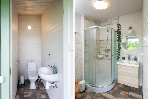 ein Bad mit einer Dusche, einem Waschbecken und einem WC in der Unterkunft Glempings Laimes Taure in Vabole