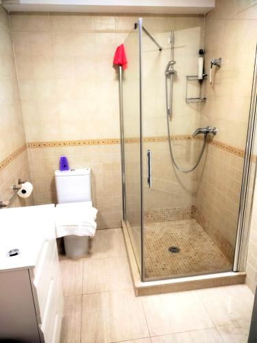 a bathroom with a shower with a glass door at El Mirador De La Mar in Mojácar