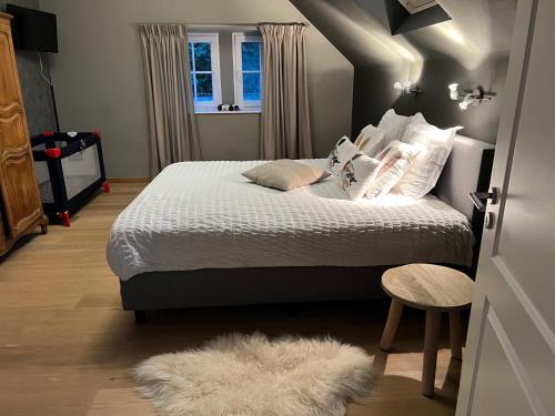 um quarto com uma cama com almofadas e um tapete em le gite des chantoires em Aywaille