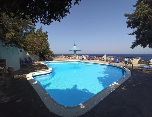 a swimming pool with the ocean in the background at Daidalos Hotel in Armenistis