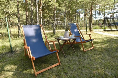 two chairs and a table in the grass at Vila ZLATNI BOR in Zlatibor