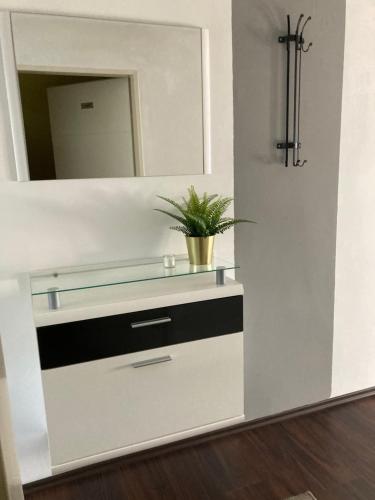 bagno con specchio e cassettiera di Ferienwohnung Lipp a Waldstetten