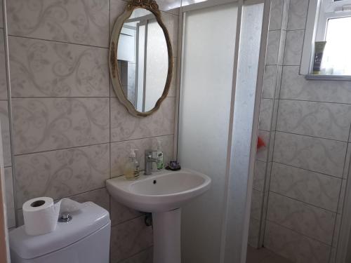 a bathroom with a sink and a mirror and a toilet at Yıldız in Istanbul