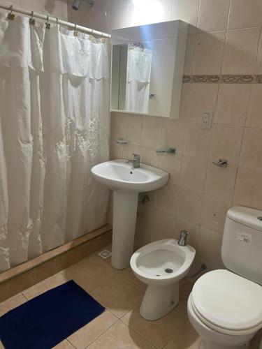 La salle de bains est pourvue de toilettes blanches et d'un lavabo. dans l'établissement CASA NUEVA, à San Rafael