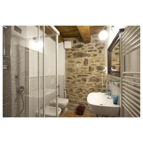 a bathroom with a shower and a sink and a toilet at Agriturismo Montagna Verde Apella in Licciana Nardi