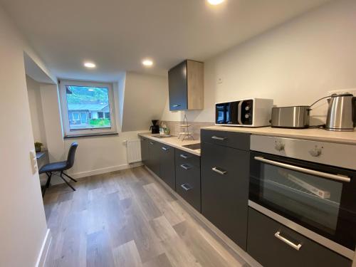 a kitchen with stainless steel appliances and a window at Haus am Iberg 4 in Willingen