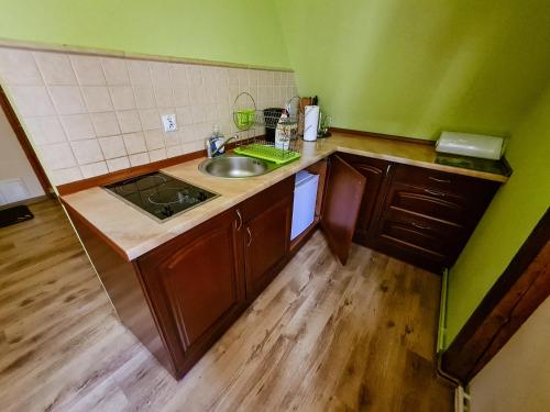 a small kitchen with a sink and a counter top at Apartament Anielski E.D. Angelo in Duszniki Zdrój